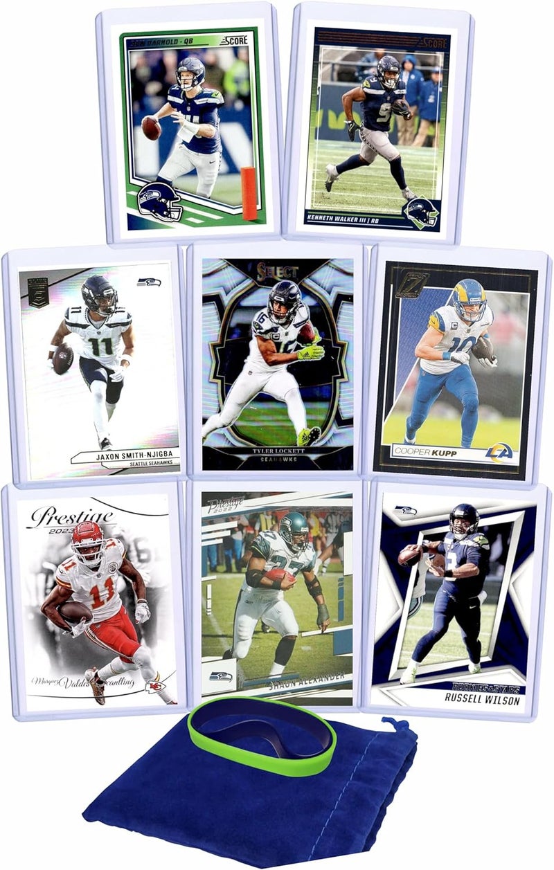 Chaser Seattle Seahawks Cards: Sam Darnold, Kenneth Walker III, Jaxon Smith-Njigba, Tyler Lockett, Cooper Kupp, Marquez Valdes-Scantling, Shaun Alexander, and Russell Wilson ASSORTED Football Stars & GOATs Trading Card & Wristbands Gift Pack - Image 1